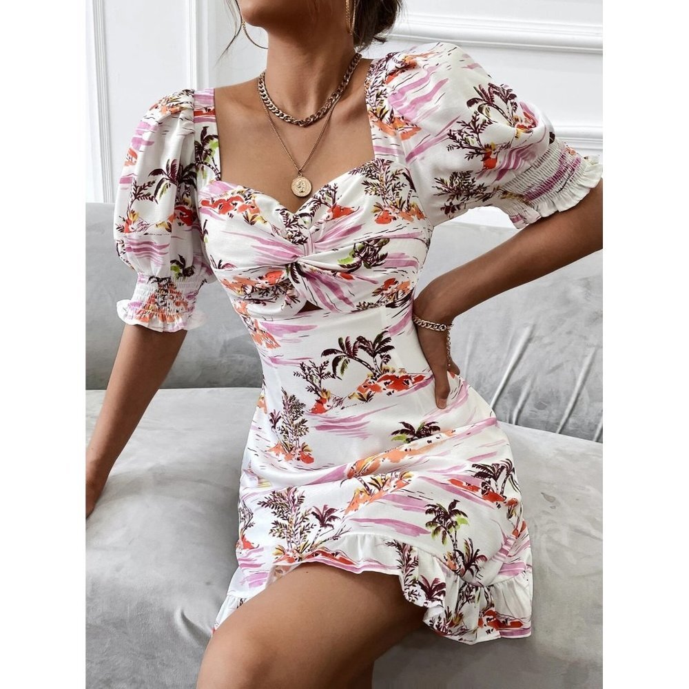 NWT SHEIN Plants Print Tie Back‎ Puff Sleeve Ruffle Hem Dress Size M Color White